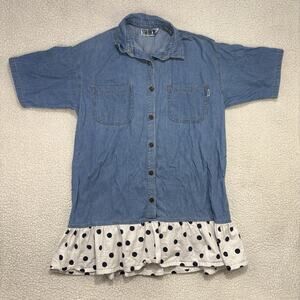SWITCH USA Vintage Drop Waist Denim Shirt Dress Polka Dot Ruffle Midi Oversized‎